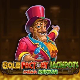 Gold Factory Jackpots Mega Moolah slot logo by Aurum Signature Studios at Playfina Casino